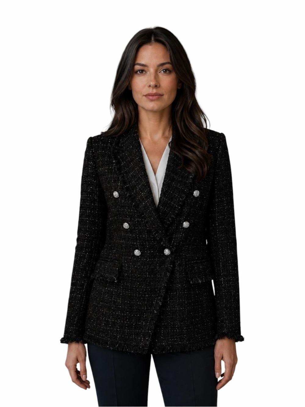Rachel Zoe Medium Black Tweed Wool Blend Blazer Metallic Shimmer Office Luxury